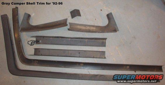 campertrimgy92.jpg SOLD Dark Gray Camper Trim from '92-93 Bronco

Fits '92-96.  Screws (5) & some pushpins (~10) included.  The damaged screw hole indicated has been glued back into place.

Ships as 64x25x6&quot; @ 7lbs.