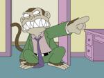 Cartoon monkey wearing a green suit and purple tie, pointing to the right