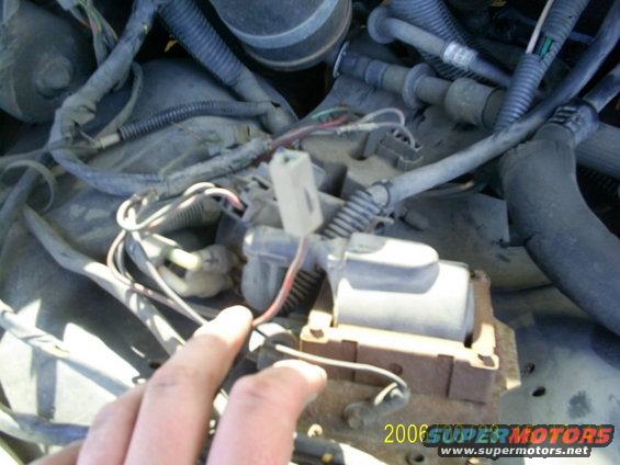 Close-up of engine compartment wiring and components. A hand is visible near some electrical connectors