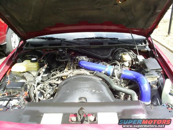engine bay with blue turbo piping, caution fan cover visible