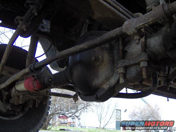 Underside view of a vehicle's rear axle, differential, shock absorber, and suspension linkages