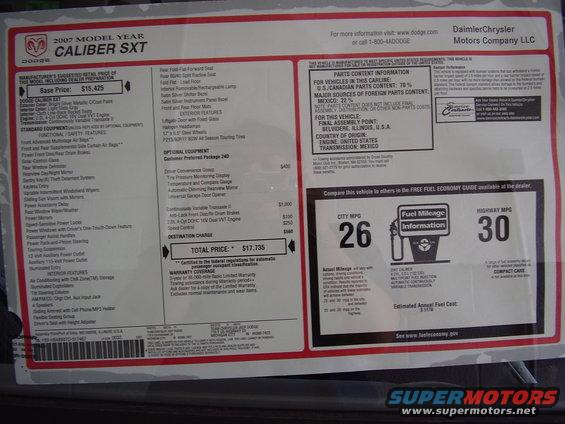 2007 Dodge Caliber SXT window sticker with price and MPG