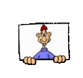 Cartoon man with red hat and blue shirt peeking over a white sign