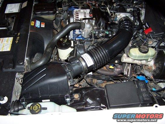 Engine bay of a 2000 Ford Crown Victoria, showing air intake, alternator, and fluid reservoirs