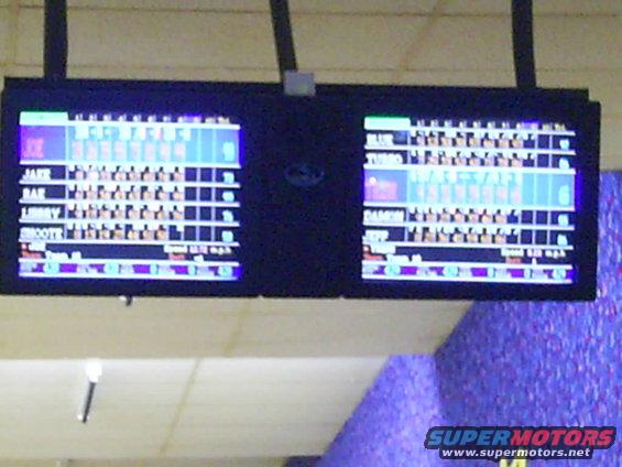 two digital bowling score displays showing player names and scores