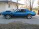 1969 Ford Mustang - Side view of a blue 1970 Ford Mustang Boss 302 with a hood scoop and black racing stripes.