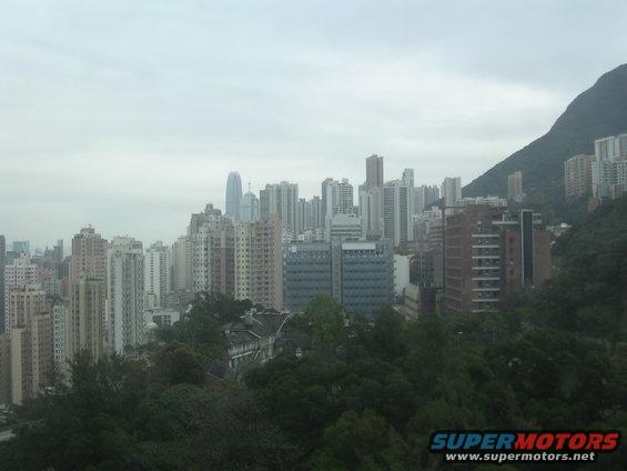 Hong Kong cityscape with dense buildings and a steep mountain under an overcast sky