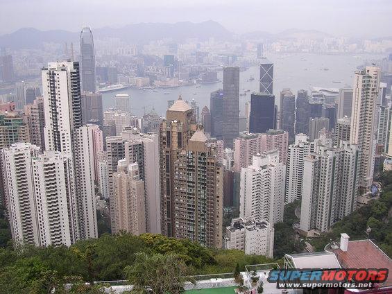 View of Hong Kong's dense cityscape with skyscrapers and a harbor
