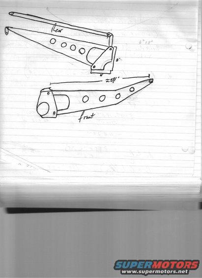 Diagram showing front and rear suspension control arms with dimensions