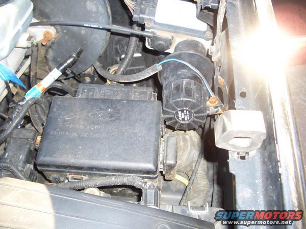 Engine compartment with a black Ford fuse box and various wires and hoses. A bright light source is visible on the right