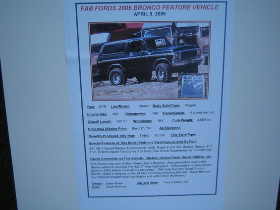 Black 1979 Ford Bronco with "Alan Rowe Major-Medic" sign