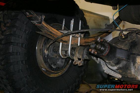 Rear axle with leaf springs and large tire, Supermotors logo visible