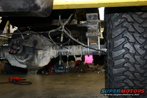 Close-up of a vehicle's rear axle, leaf springs, and tire. Some wiring is visible