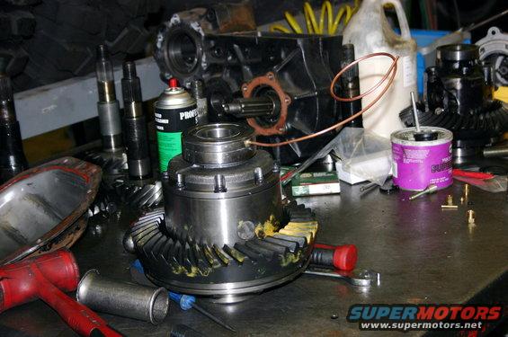 Differential and transmission parts on a workbench