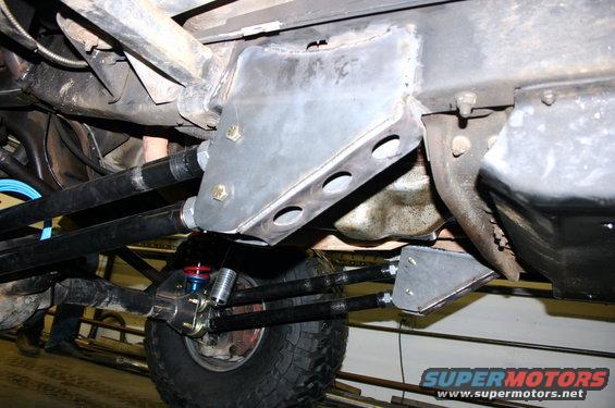 Close-up of custom suspension brackets and linkages attached to a vehicle's frame, with a tire visible