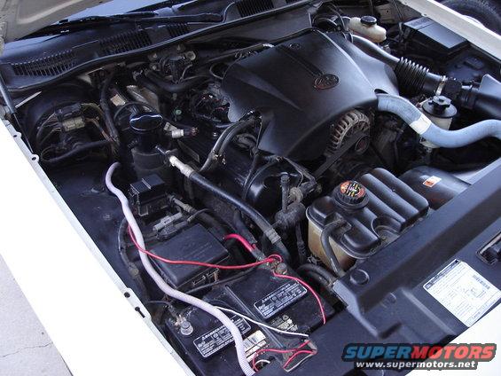 2000 Ford Crown Victoria engine bay with V8 engine, battery, and hoses visible