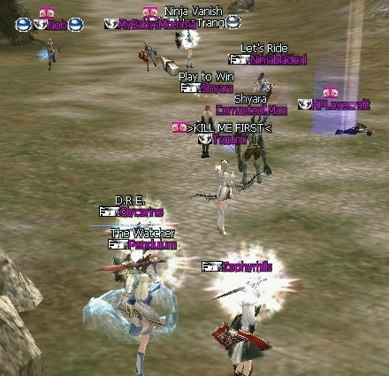 Aerial view of a crowd with purple text labels