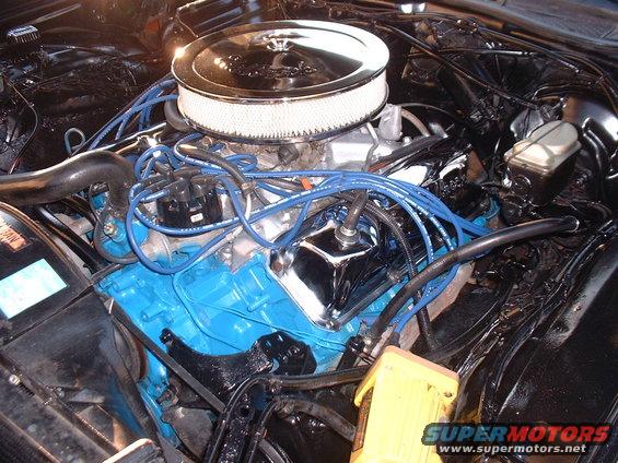 Engine bay with blue painted block, chrome air cleaner, and blue spark plug wires