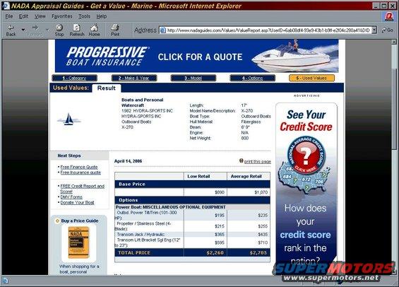 Screenshot of NADA Appraisal Guides website showing a boat appraisal for a 1982 Hydra-Sports X-270