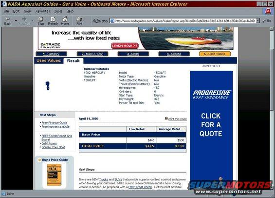 Screenshot of NADA appraisal guide for outboard motors, showing a 1982 Mercury 150XLPT