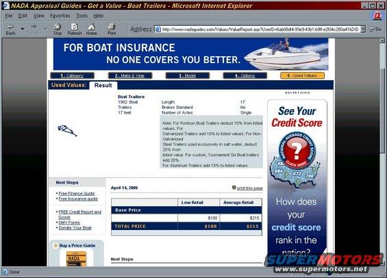 Screenshot of NADA appraisal guide for boat trailers, showing a price report