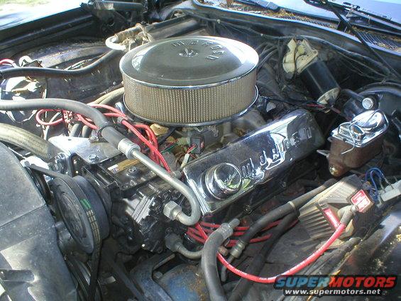 Engine bay with chrome valve covers and a round air filter. Some red spark plug wires are visible