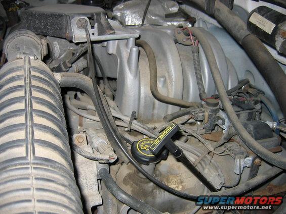 Engine bay with oil cap and dipstick visible, showing intake manifold and hoses