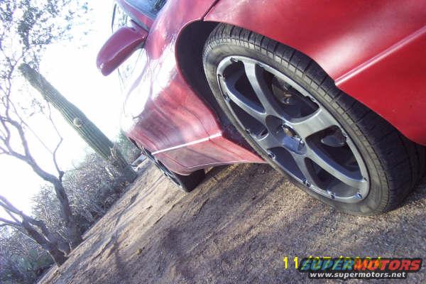 close-up of a red car's front wheel and fender, with a saguaro cactus and dry brush in the background