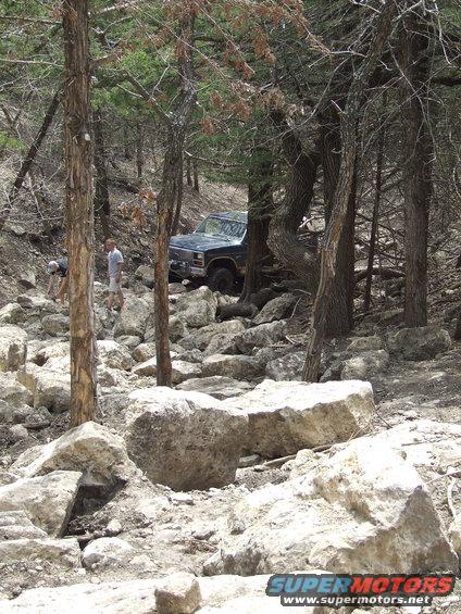 Dark blue SUV navigating a rocky, wooded trail