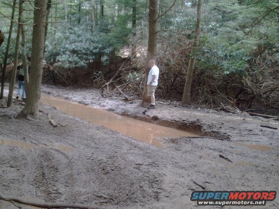 Muddy trail with a water-filled rut in a forest; two people are visible in the background