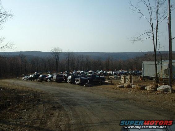 Parking lot filled with SUVs and trucks in a wooded area