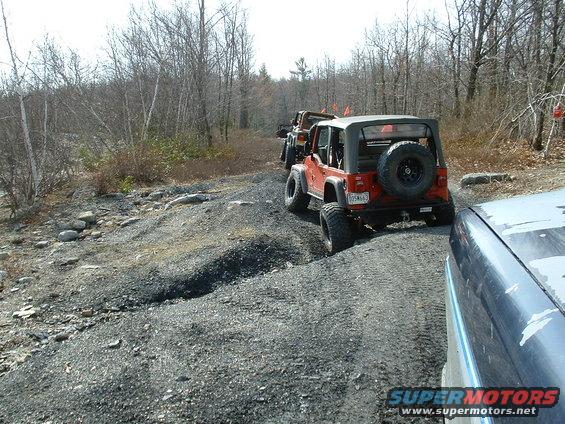 Red Jeep Wrangler on a gravel road, rear view