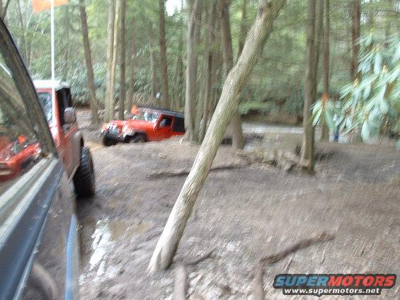 Two off-road vehicles stuck in mud on a wooded trail. One is red, the other is orange