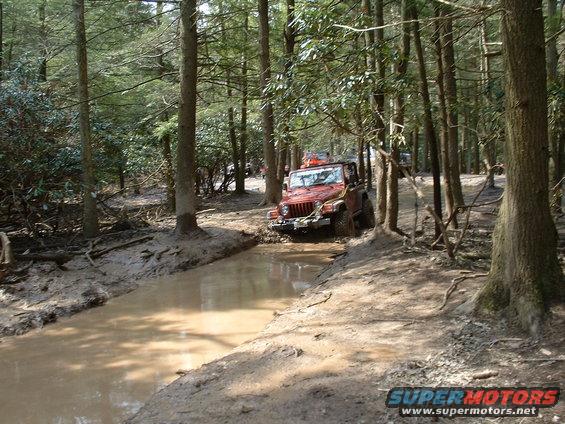 Red Jeep Wrangler driving through muddy water in a forest