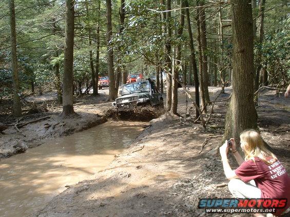 Jeeps driving through a muddy creek in a forest with a person taking a photo