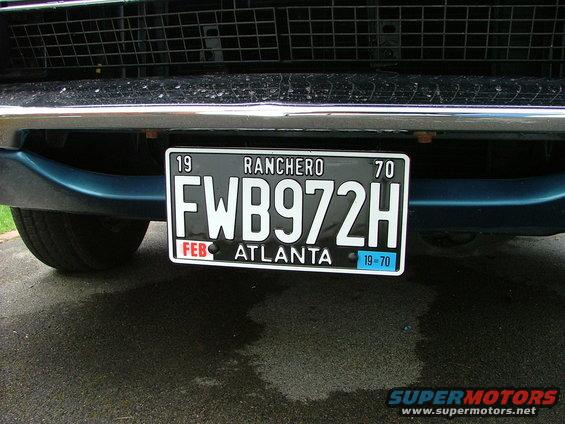 close up of a license plate that says Ranchero 70, FWB972H, Feb, Atlanta, 19-70