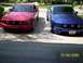 2006 Ford Mustang - Two 2006 Ford Mustangs, one red and one blue, are parked on a concrete driveway.