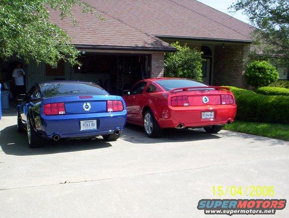 Two Ford Mustangs, one blue and one red, parked in a driveway in front of a house