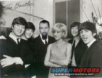 Beatles posing with a man and a woman, text reads 'The Beatles'