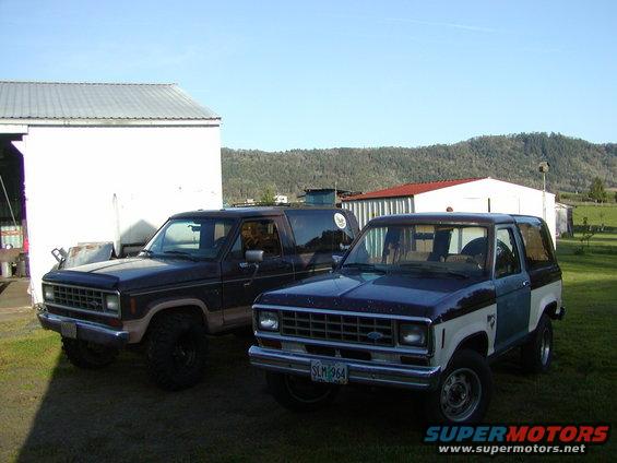 Two Ford Bronco II SUVs parked outside buildings. One is dark brown, the other is two-toned blue and white