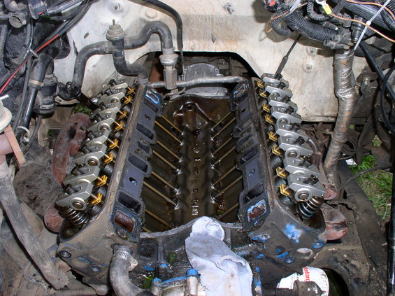 V8 engine with valve covers removed, showing rocker arms and springs. Oil is visible in the intake manifold