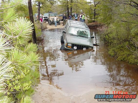 Jeep Cherokee XJ stuck in muddy water, other vehicles and people around
