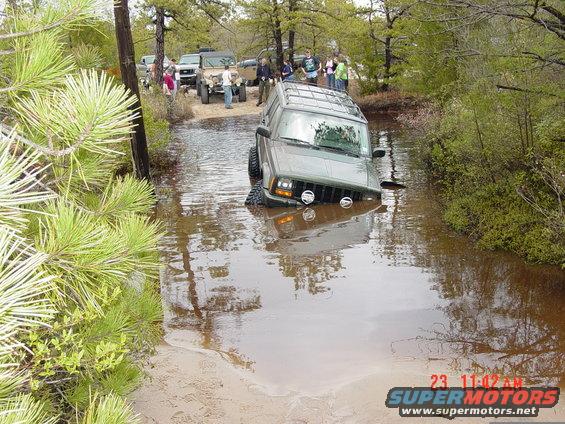 Green Jeep Cherokee partially submerged in muddy water, front grille and headlights visible
