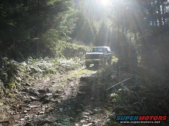 Ford Bronco on a rocky, wooded trail. Sun flares through trees