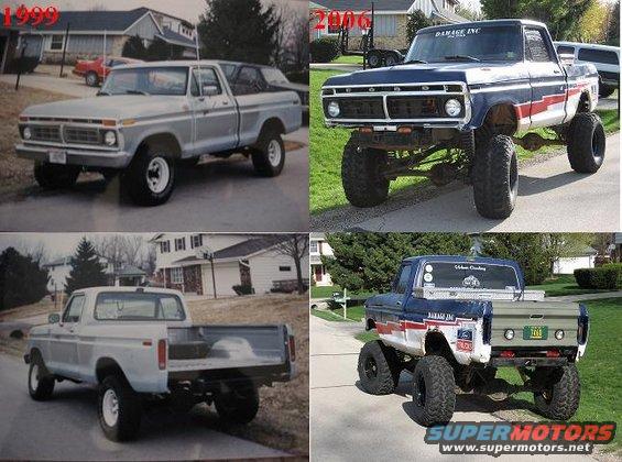 1977 Ford F-150 pickup truck in silver, and a lifted blue and red Ford pickup truck