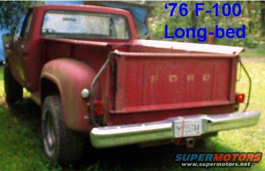 Red 1976 Ford F-100 pickup truck, rear view, showing the tailgate with 'FORD' lettering and a chrome bumper