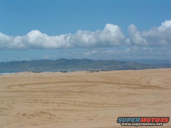 Sand dunes with tire tracks, distant mountains, and cloudy sky. Supermotors.net logo in corner
