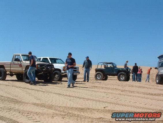 Several off-road vehicles and people gathered on sand dunes under a clear blue sky