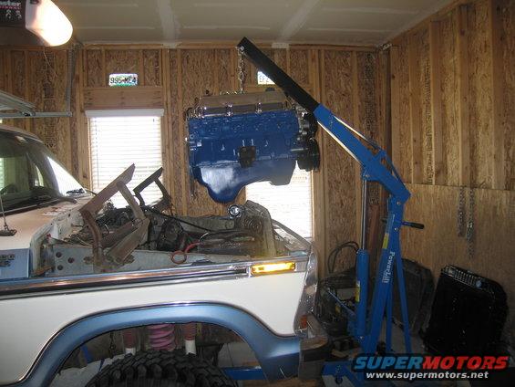img_3750.jpg I can't believe I was able to lift the engine high enough to clear the radiator support.  My Bronco sits on 35s with a 4" lift and I didn't even let the air out of the tires! 