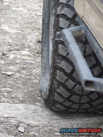 Off-road tire with rock slider on rough terrain